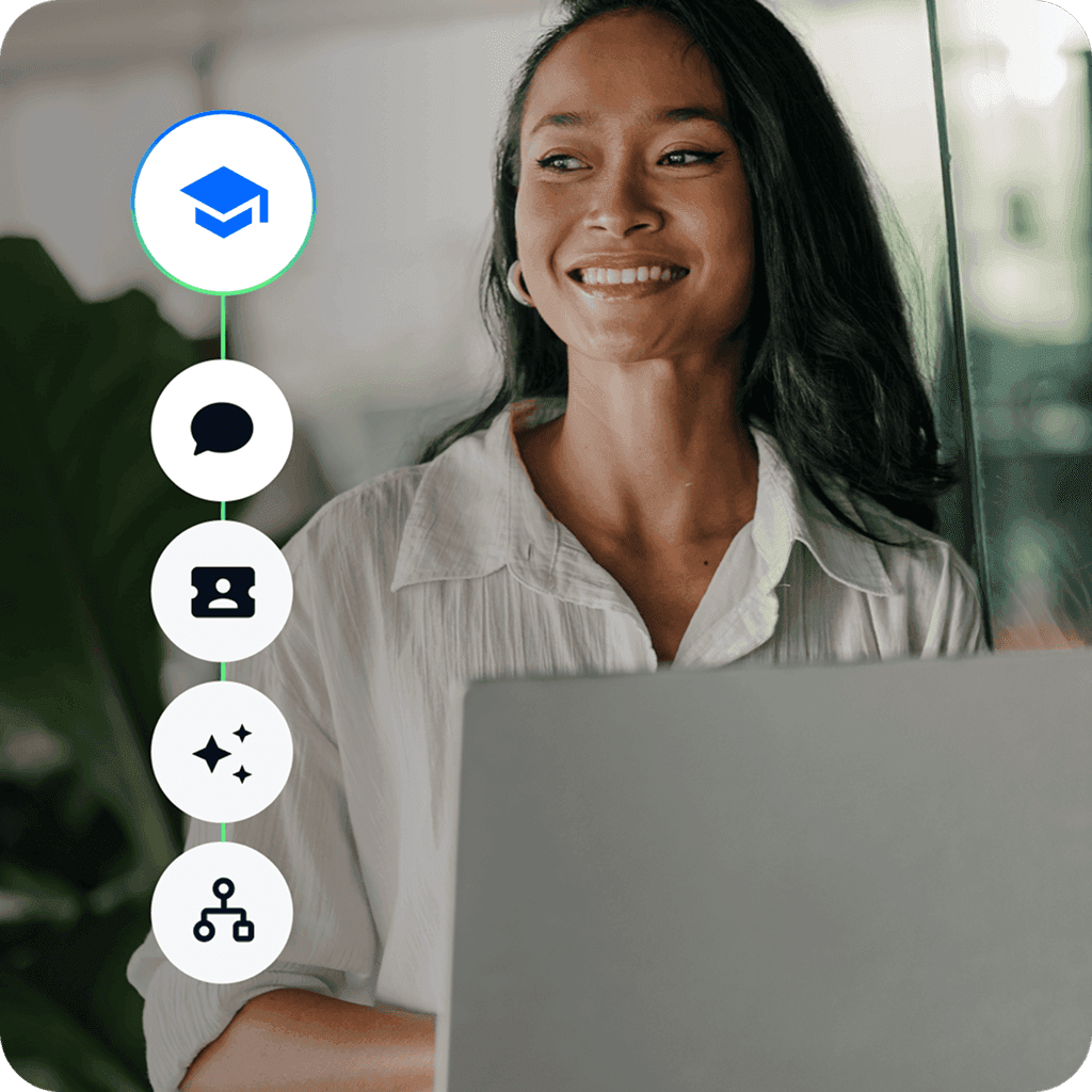 Woman learning Tidio on a laptop with icons representing courses, chat, AI, and team management